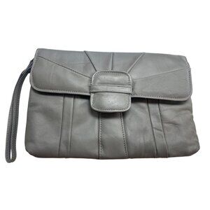 Gray Genuine Leather Clutch Wristlet Purse With Snap Closure & Interior Zipper P
